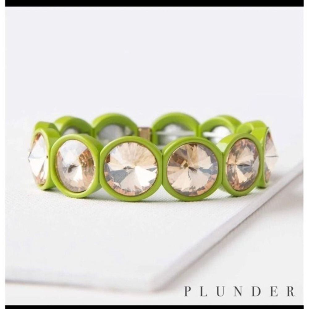 Lime Green Enamel and Champagne Crystal Stretch‎ Statement Bracelet